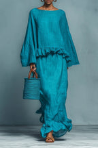 Blue Ruffle Linen-Blend Blouse & Skirt Set - Eliza-Warszawa