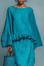 Blue Ruffle Linen-Blend Blouse & Skirt Set - Eliza-Warszawa