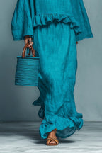 Blue Ruffle Linen-Blend Blouse & Skirt Set - Eliza-Warszawa