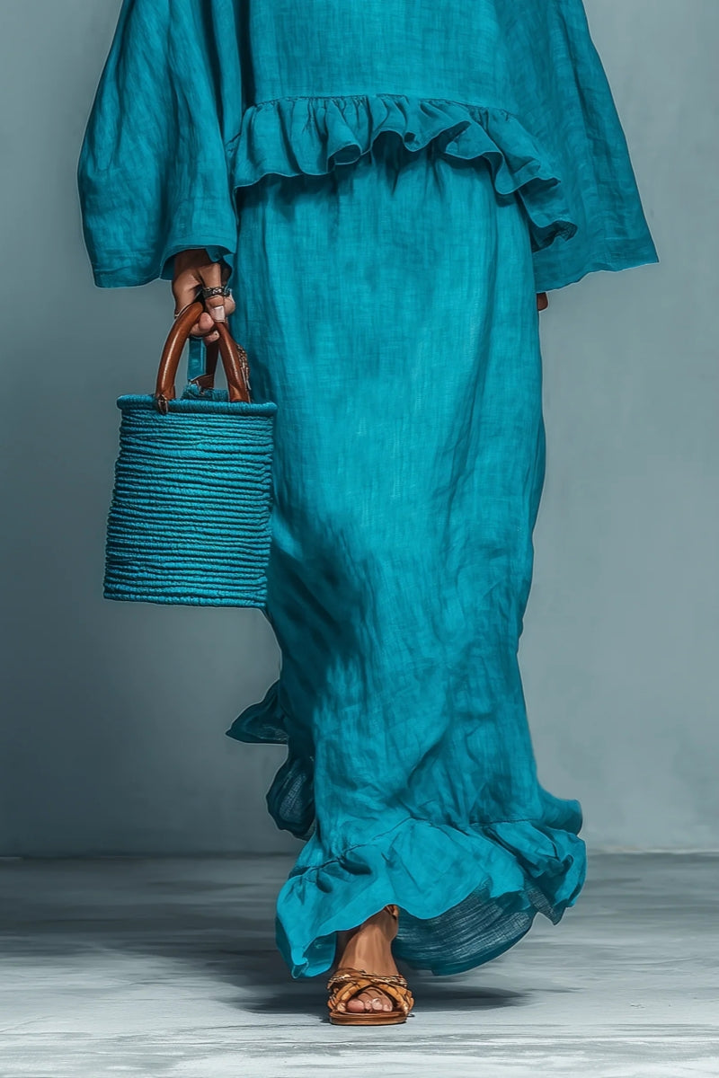 Blue Ruffle Linen-Blend Blouse & Skirt Set - Eliza-Warszawa