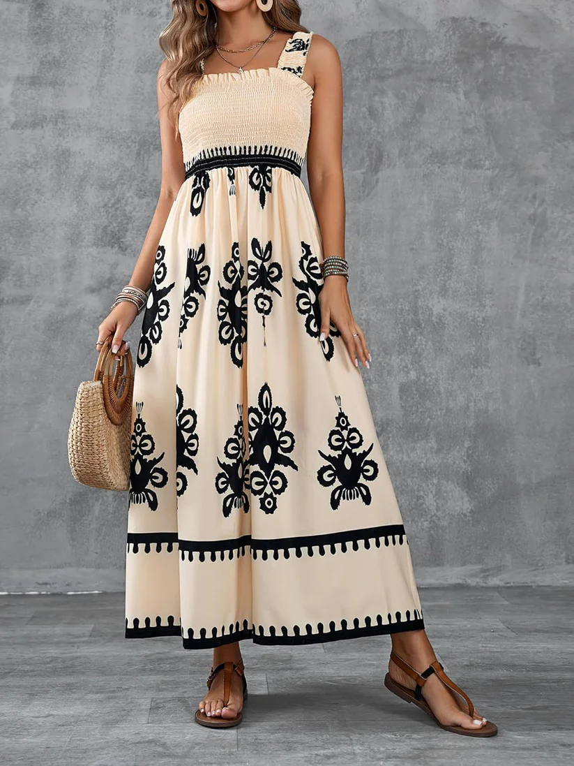 Bohemian Medallion Print Smocked Maxi Dress - Eliza-Warszawa