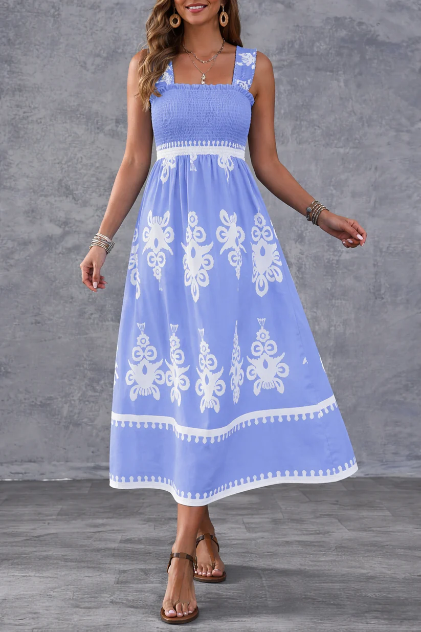Bohemian Medallion Print Smocked Maxi Dress - Eliza-Warszawa