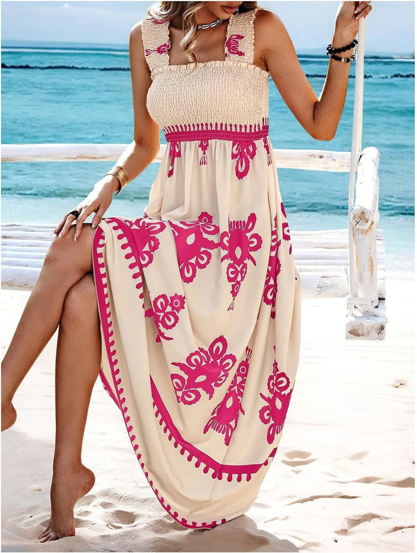 Bohemian Medallion Print Smocked Maxi Dress - Eliza-Warszawa