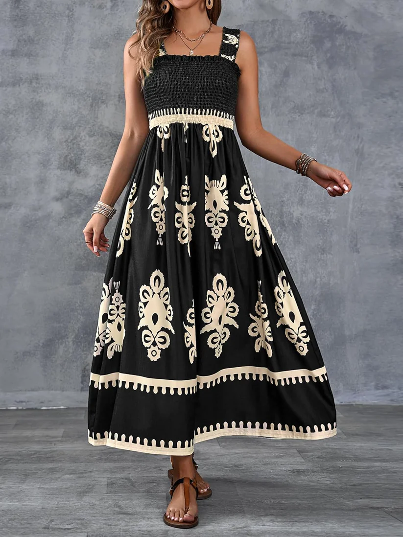 Bohemian Medallion Print Smocked Maxi Dress - Eliza-Warszawa