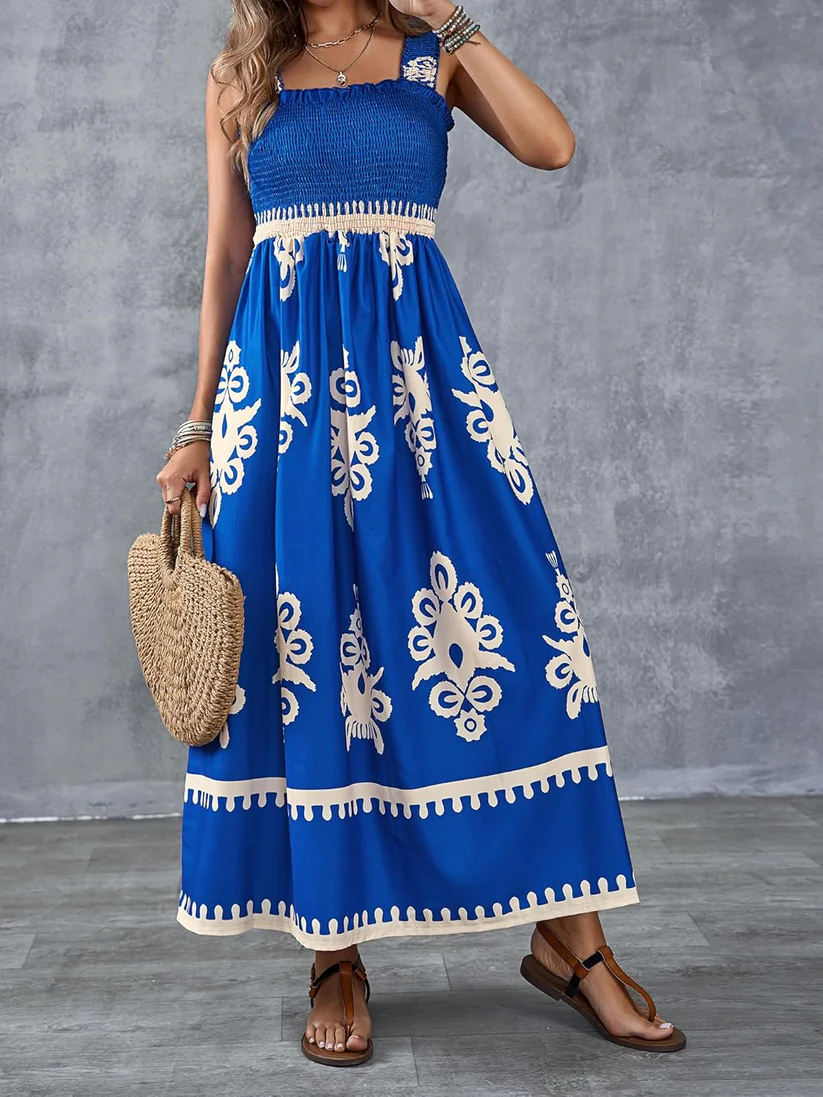Bohemian Medallion Print Smocked Maxi Dress - Eliza-Warszawa