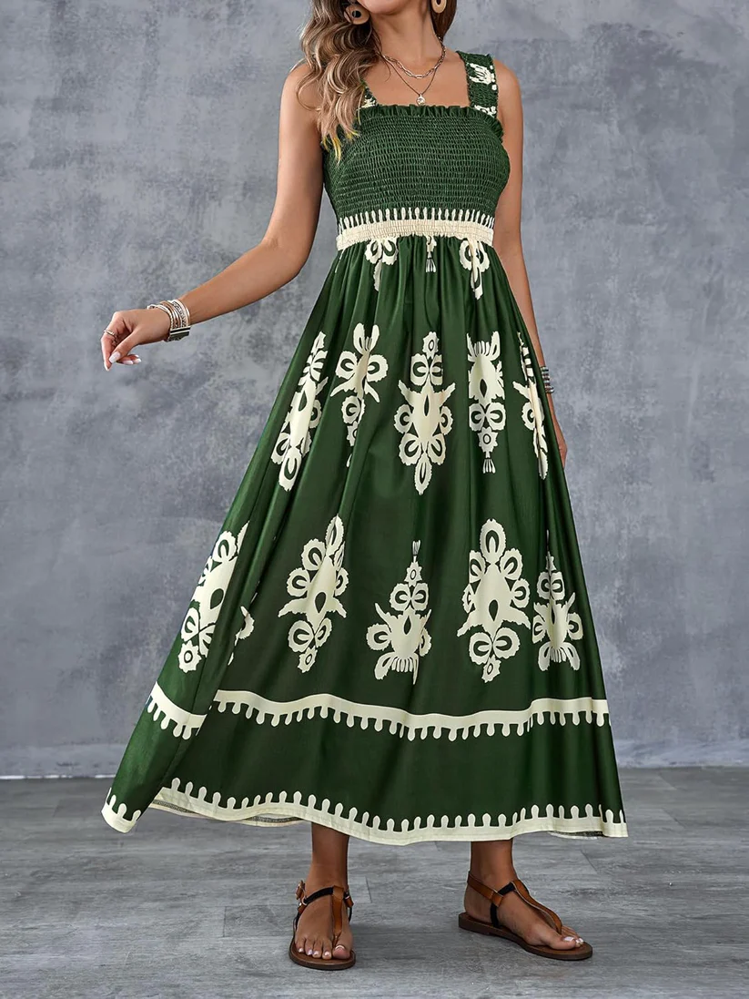 Bohemian Medallion Print Smocked Maxi Dress - Eliza-Warszawa