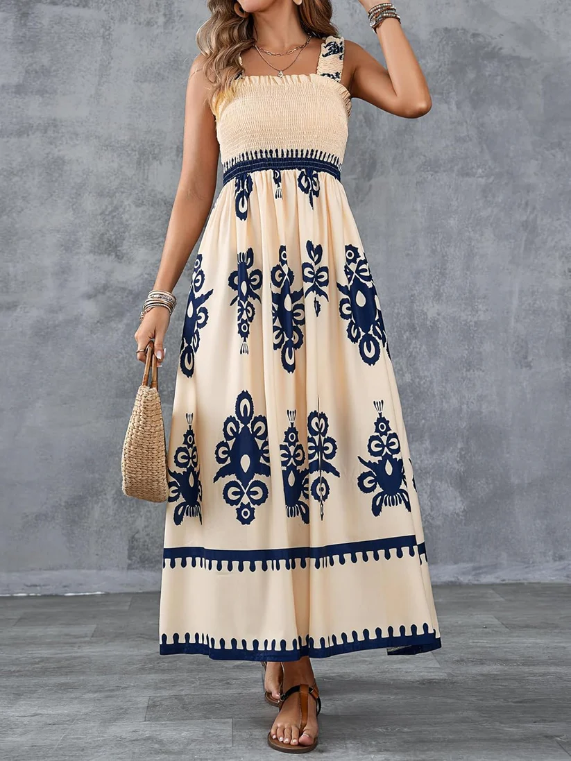 Bohemian Medallion Print Smocked Maxi Dress - Eliza-Warszawa
