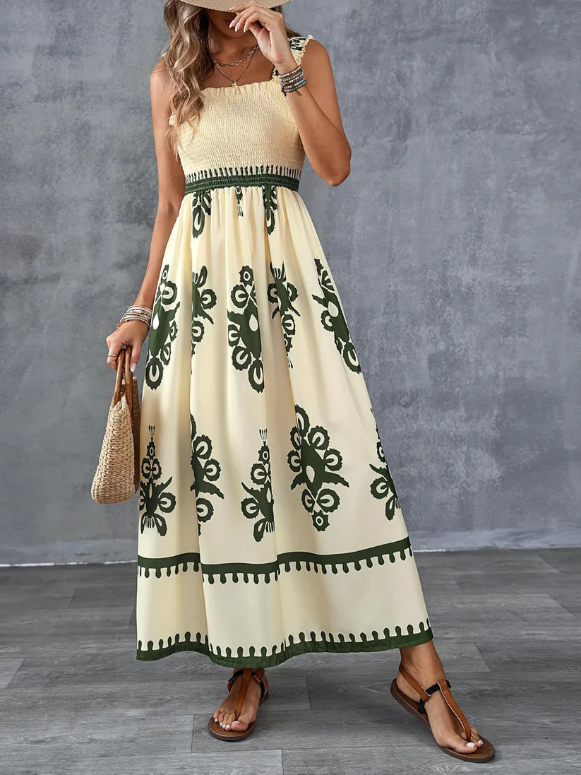 Bohemian Medallion Print Smocked Maxi Dress - Eliza-Warszawa