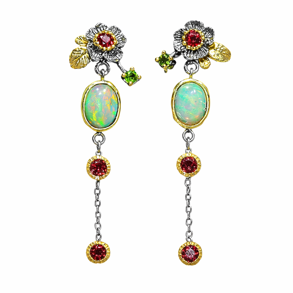 Boho Earrings with Opal and Red Zirconia