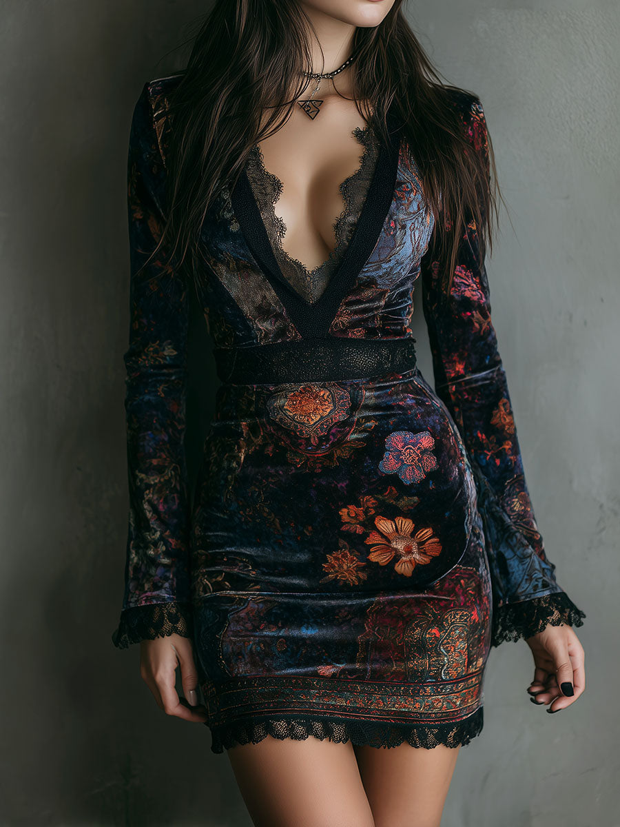 Boho Floral Print V-Neck Velvet Bodycon Mini Dress With Lace Trim - Eliza-Warszawa