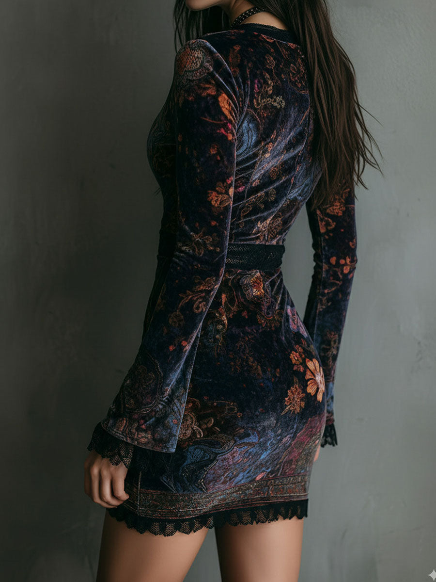 Boho Floral Print V-Neck Velvet Bodycon Mini Dress With Lace Trim - Eliza-Warszawa