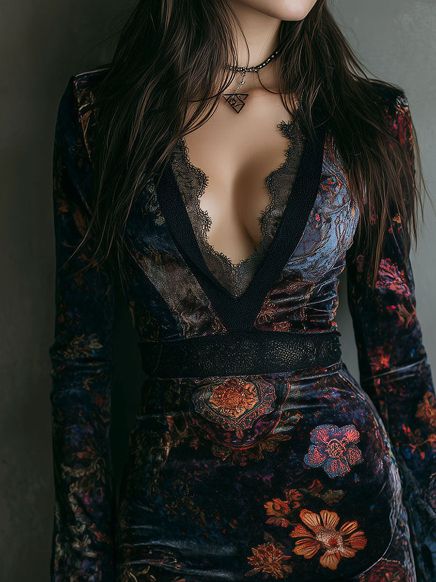 Boho Floral Print V-Neck Velvet Bodycon Mini Dress With Lace Trim - Eliza-Warszawa