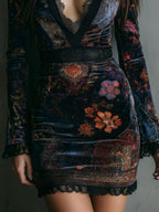 Boho Floral Print V-Neck Velvet Bodycon Mini Dress With Lace Trim - Eliza-Warszawa