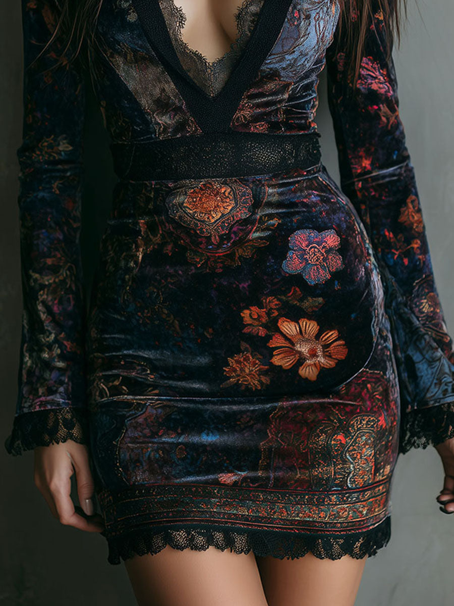Boho Floral Print V-Neck Velvet Bodycon Mini Dress With Lace Trim - Eliza-Warszawa