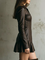 Brown Eco Leather Fitted Zip-Up Mini Dress With Flared Hem - Eliza-Warszawa