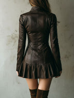 Brown Eco Leather Fitted Zip-Up Mini Dress With Flared Hem - Eliza-Warszawa