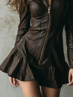 Brown Eco Leather Fitted Zip-Up Mini Dress With Flared Hem - Eliza-Warszawa