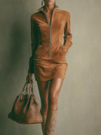 Brown Faux Suede Stand Collar Zipper Mini Dress - Eliza-Warszawa