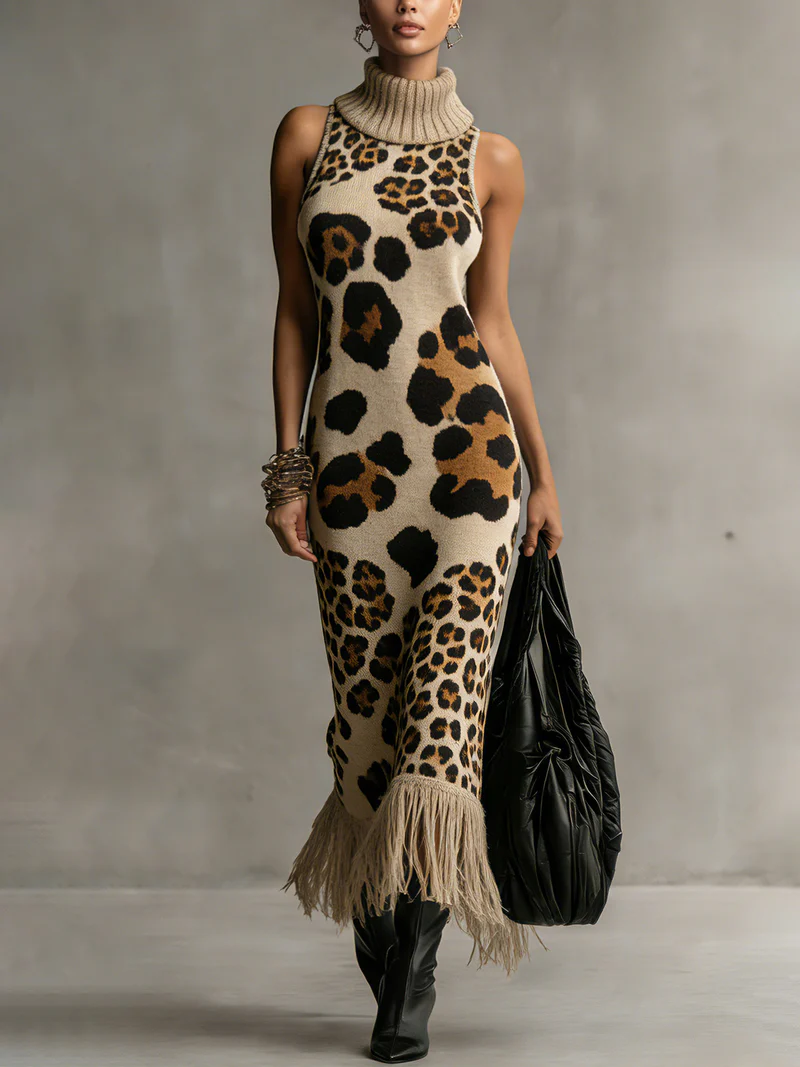 Brown Leopard Print Knitted Tassel Sleeveless Maxi Dress - Eliza-Warszawa