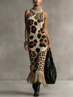 Brown Leopard Print Knitted Tassel Sleeveless Maxi Dress - Eliza-Warszawa