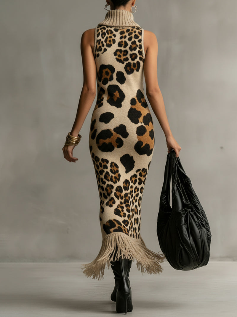 Brown Leopard Print Knitted Tassel Sleeveless Maxi Dress - Eliza-Warszawa