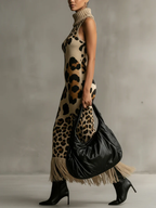 Brown Leopard Print Knitted Tassel Sleeveless Maxi Dress - Eliza-Warszawa