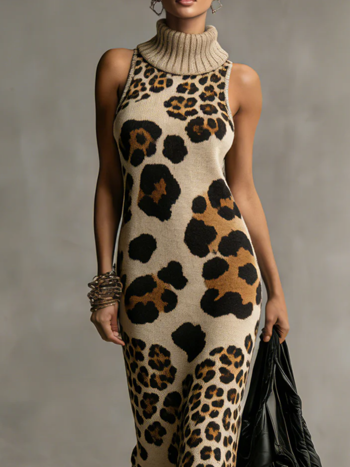 Brown Leopard Print Knitted Tassel Sleeveless Maxi Dress - Eliza-Warszawa