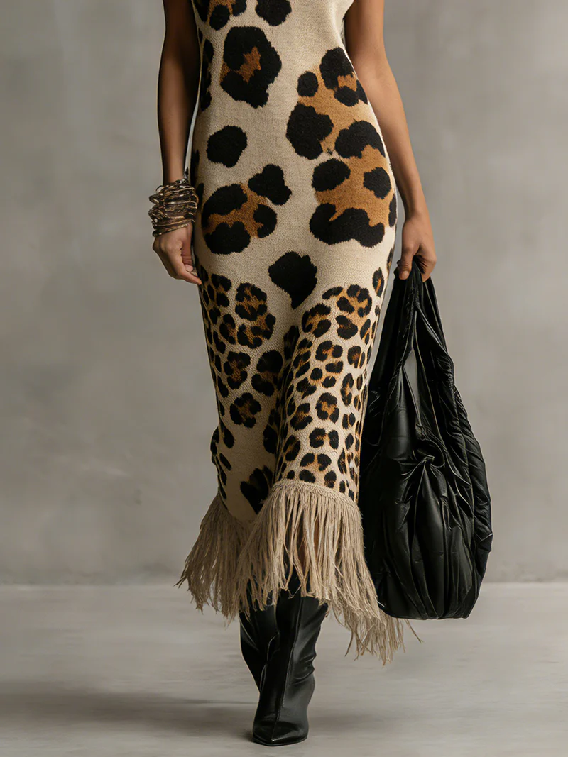 Brown Leopard Print Knitted Tassel Sleeveless Maxi Dress - Eliza-Warszawa