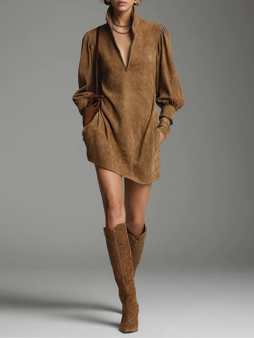 Brown Loose Suede Zipper Turtleneck Mini Dress - Eliza-Warszawa