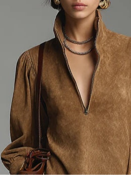Brown Loose Suede Zipper Turtleneck Mini Dress - Eliza-Warszawa