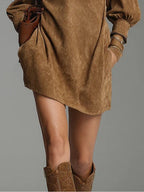 Brown Loose Suede Zipper Turtleneck Mini Dress - Eliza-Warszawa