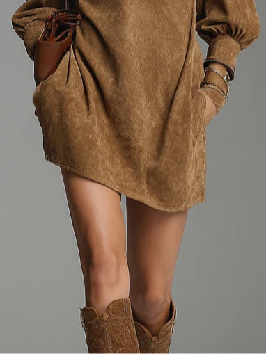Brown Loose Suede Zipper Turtleneck Mini Dress - Eliza-Warszawa