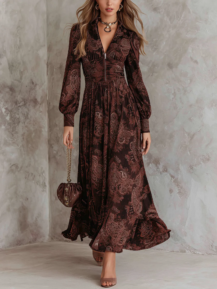 Brown Paisley Zippered Waist Maxi Dress - Eliza-Warszawa