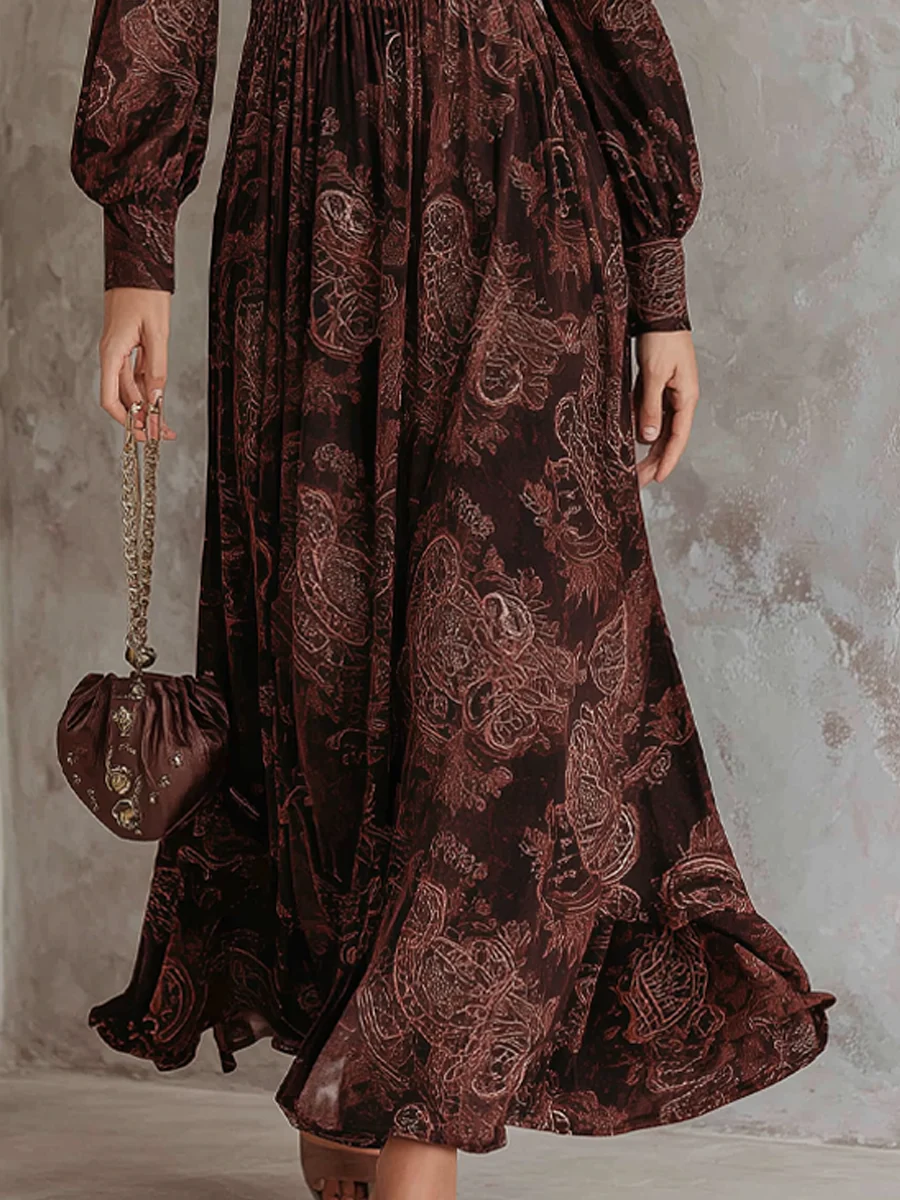 Brown Paisley Zippered Waist Maxi Dress - Eliza-Warszawa