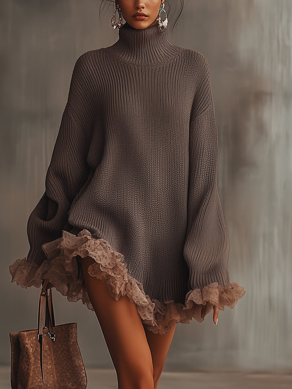 Brown Ruffled Hem Turtleneck Sweater Dress - Eliza-Warszawa