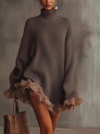 Brown Ruffled Hem Turtleneck Sweater Dress - Eliza-Warszawa