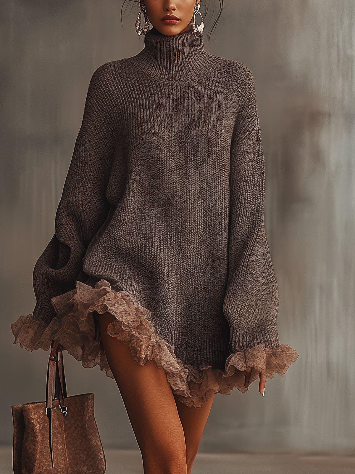 Brown Ruffled Hem Turtleneck Sweater Dress - Eliza-Warszawa