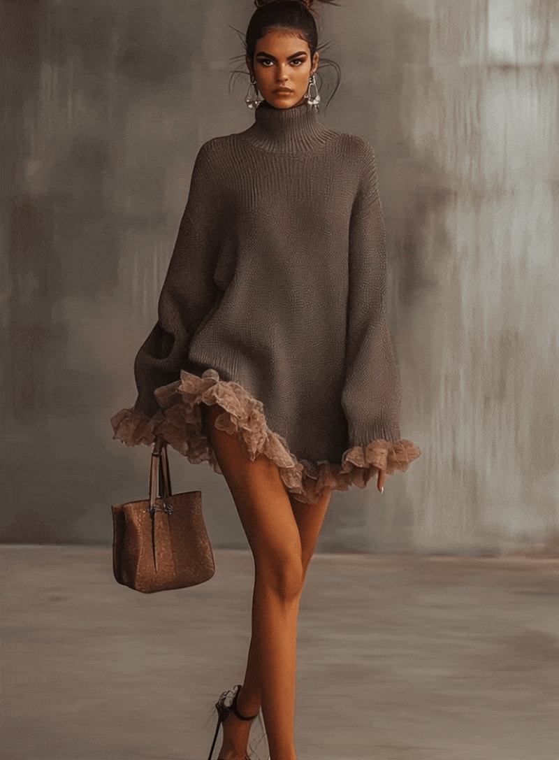 Brown Ruffled Hem Turtleneck Sweater Dress - Eliza-Warszawa