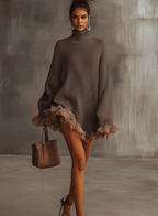 Brown Ruffled Hem Turtleneck Sweater Dress - Eliza-Warszawa