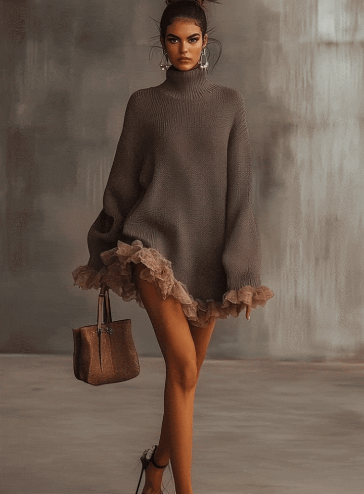 Brown Ruffled Hem Turtleneck Sweater Dress