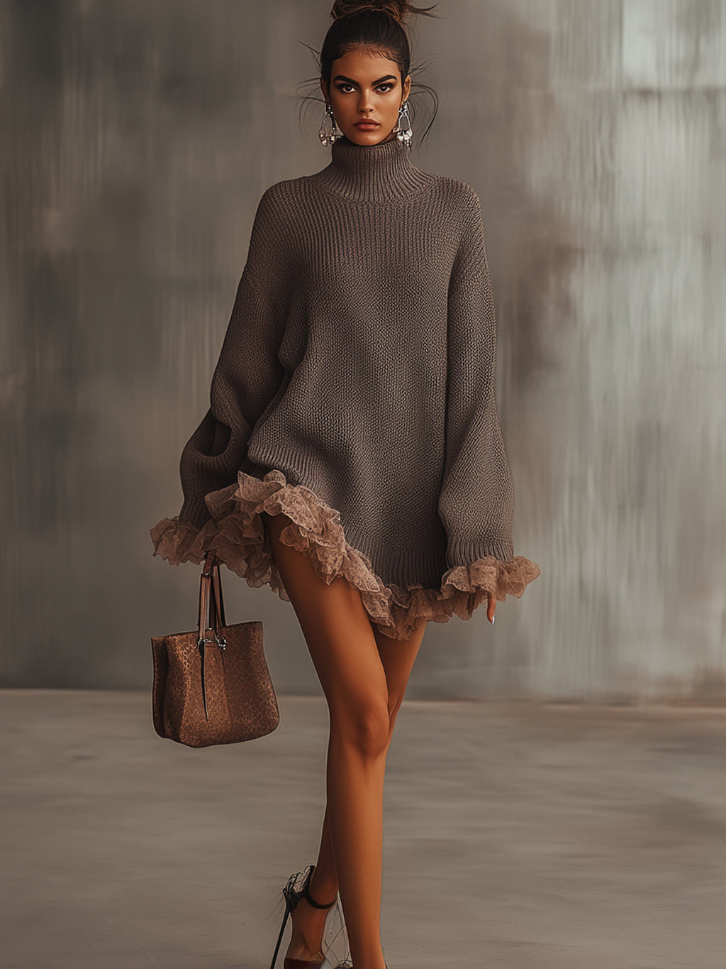 Brown Ruffled Hem Turtleneck Sweater Dress - Eliza-Warszawa