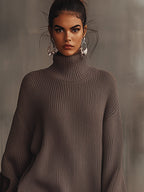 Brown Ruffled Hem Turtleneck Sweater Dress - Eliza-Warszawa