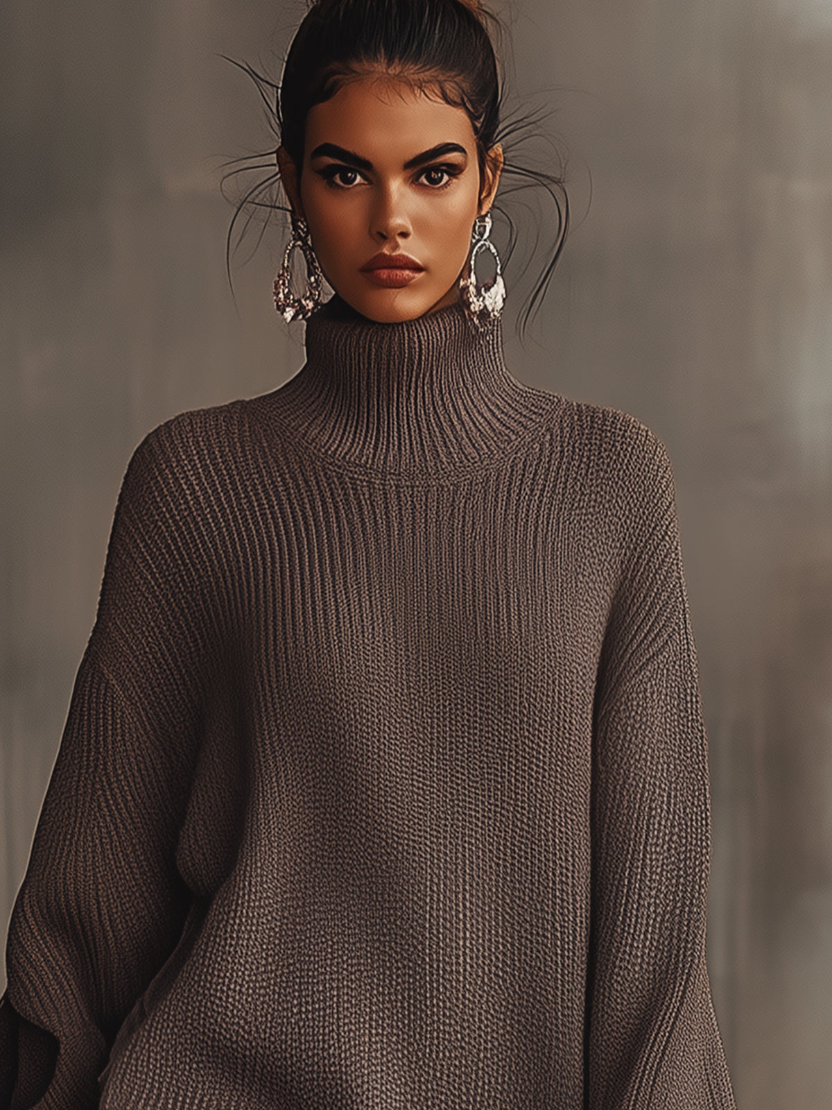 Brown Ruffled Hem Turtleneck Sweater Dress - Eliza-Warszawa