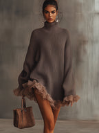 Brown Ruffled Hem Turtleneck Sweater Dress - Eliza-Warszawa