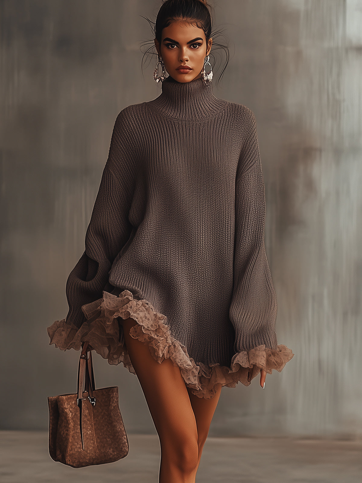 Brown Ruffled Hem Turtleneck Sweater Dress - Eliza-Warszawa
