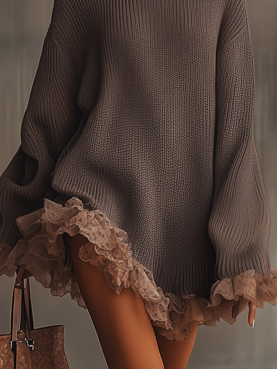 Brown Ruffled Hem Turtleneck Sweater Dress