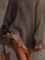 Brown Ruffled Hem Turtleneck Sweater Dress - Eliza-Warszawa