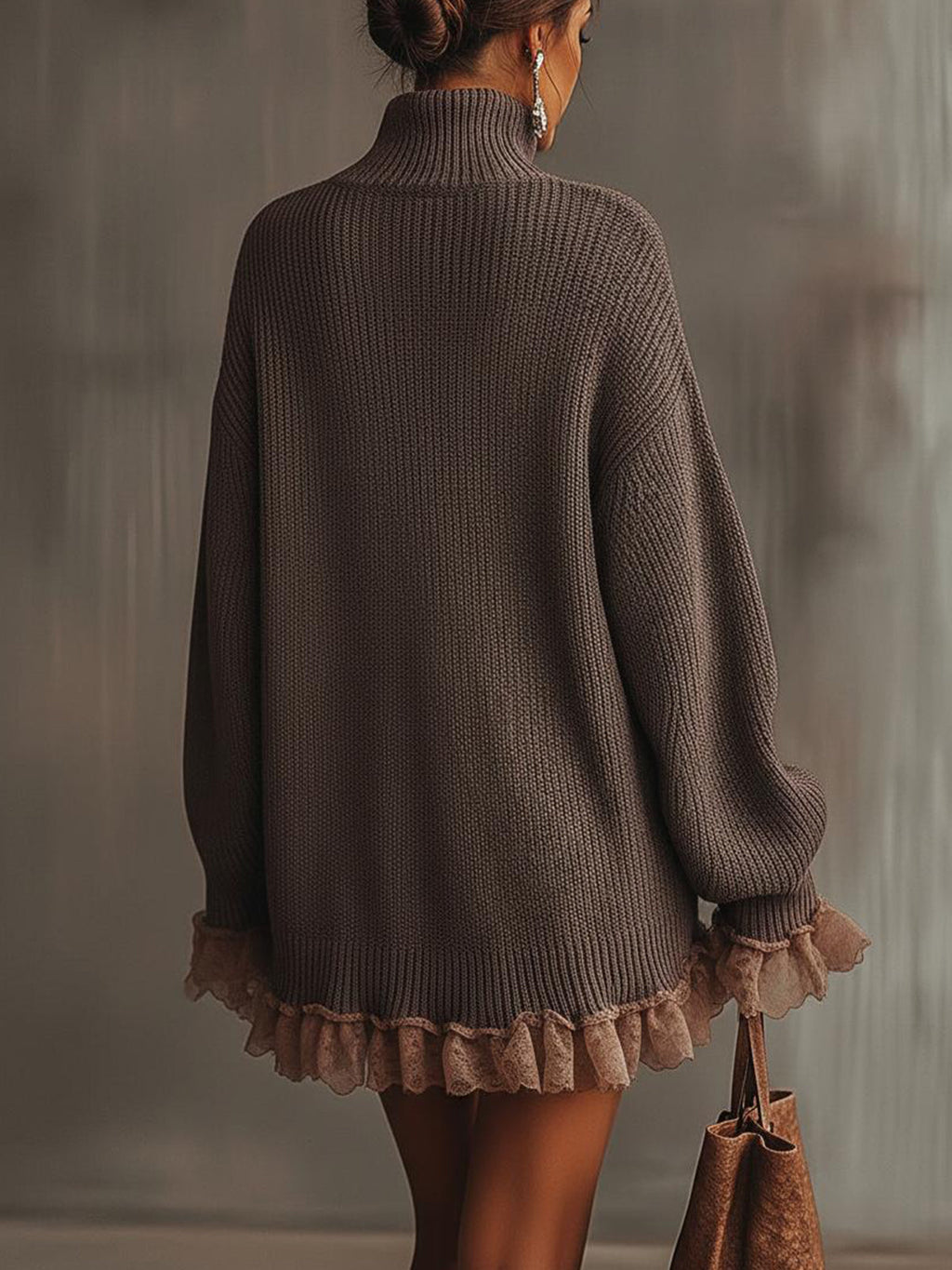 Brown Ruffled Hem Turtleneck Sweater Dress - Eliza-Warszawa