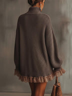 Brown Ruffled Hem Turtleneck Sweater Dress - Eliza-Warszawa