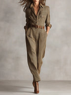 Brown Sophisticated Tweed Texture Plaid Utility Jumpsuit - Eliza-Warszawa